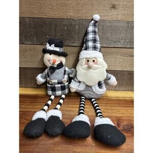 Set Of 2 Buffalo Plaid Snowman And Santa Shelf Sitter Black /White